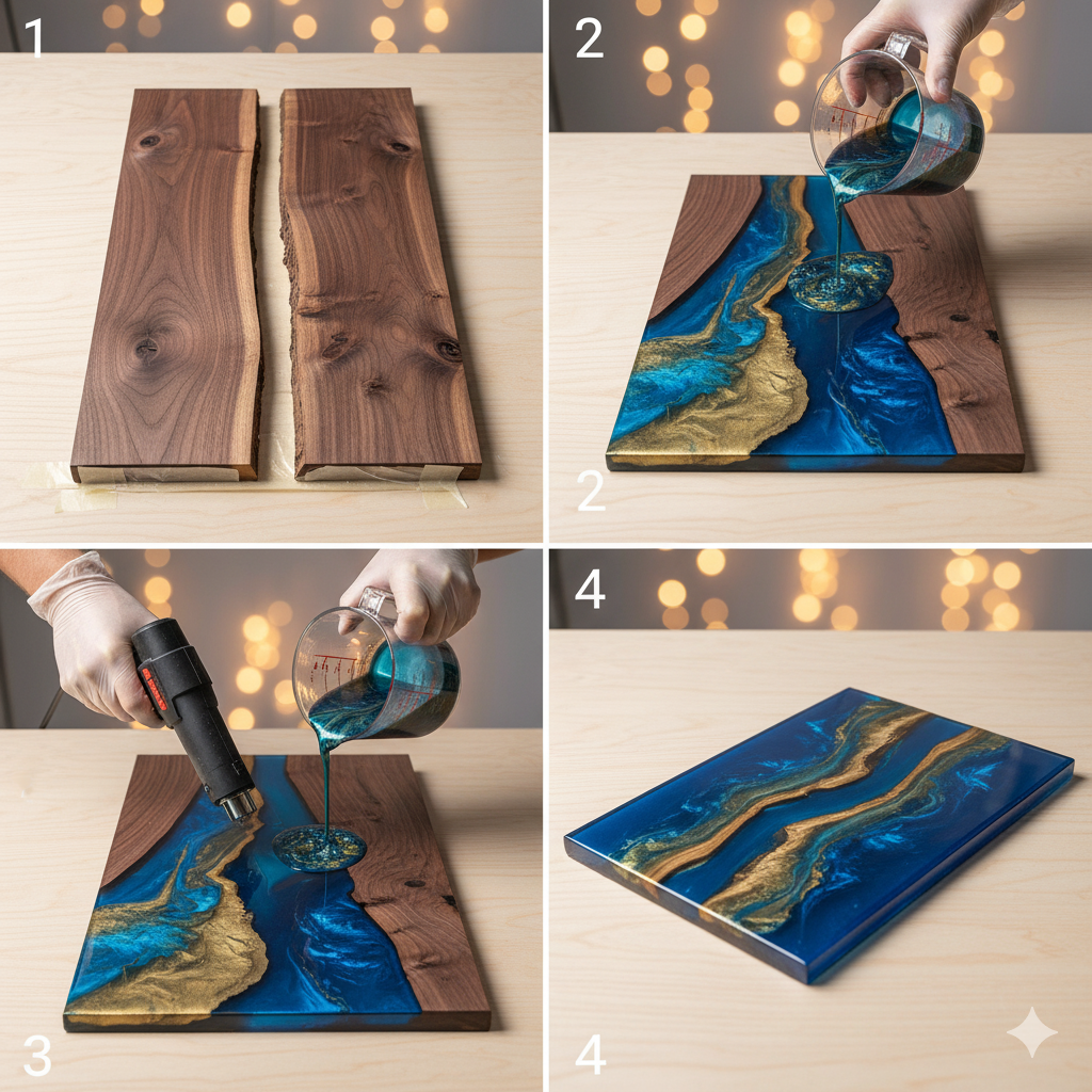 Mesa de río (River Table) con madera y resina azul